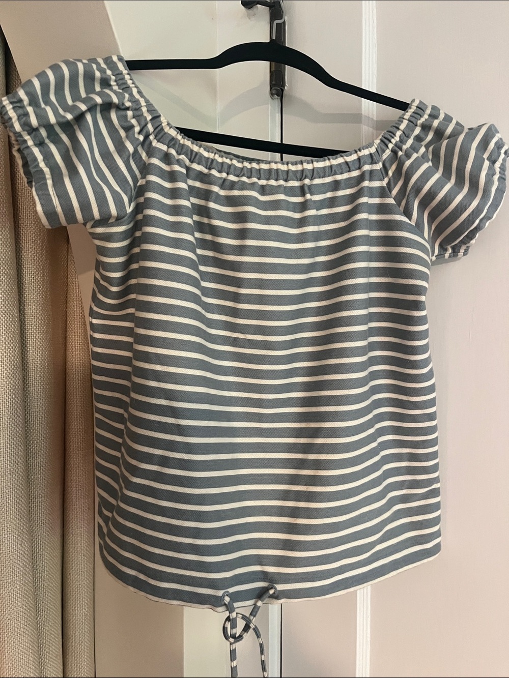 Madewell Striped Off-Shoulder Square Cut Top in blue and white